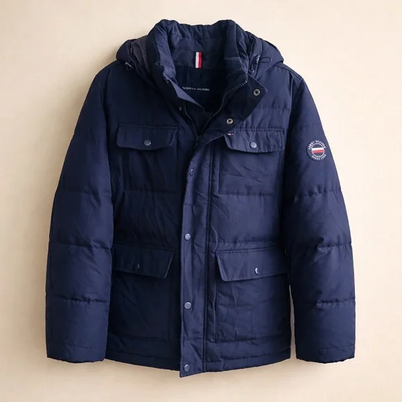 Tommy Hilfiger Navy Hooded Puffer Coat Men’s Large - Picture 3 of 4